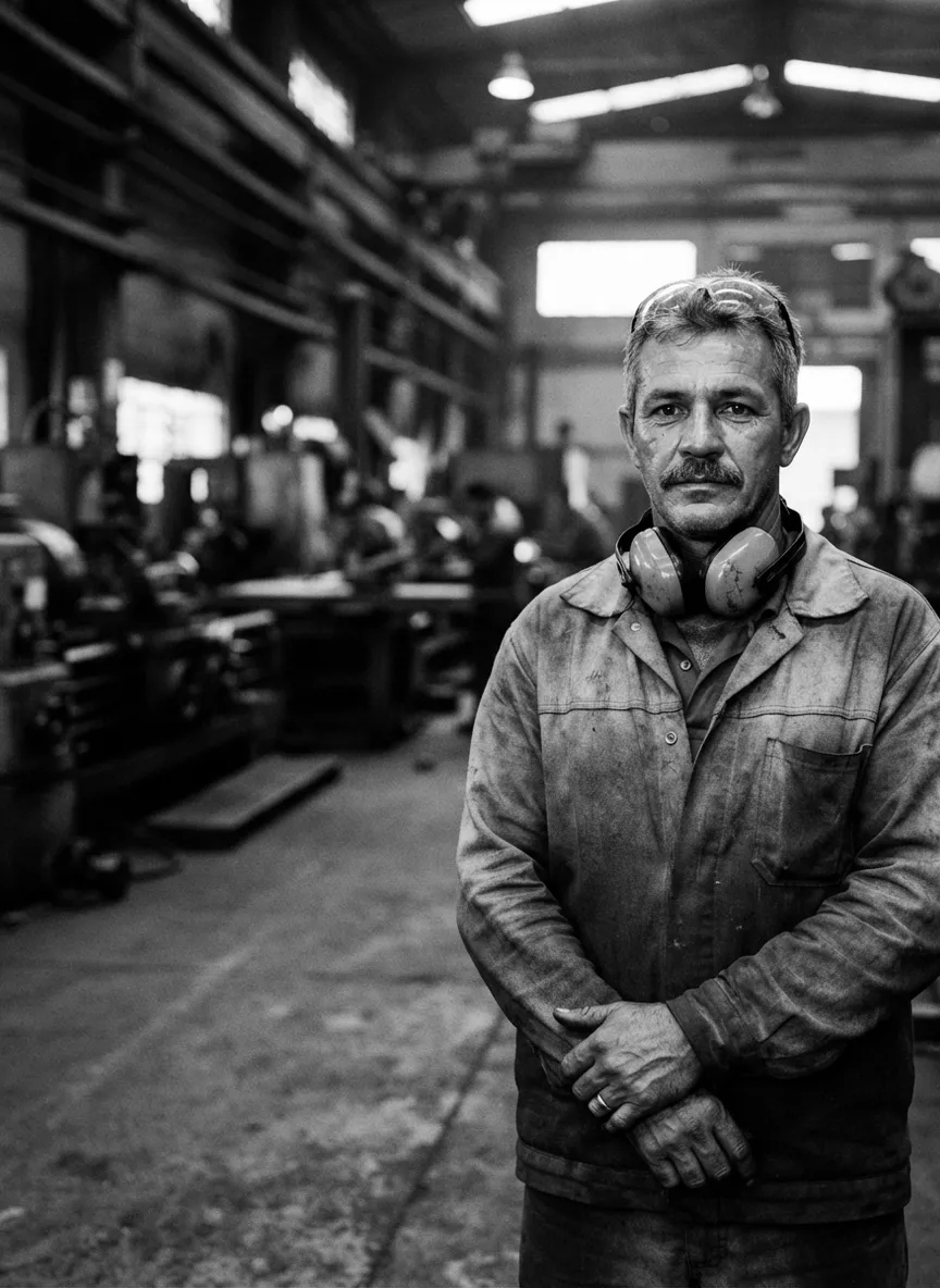 Metalúrgico com protetor auricular na fábrica, em retrato preto e branco