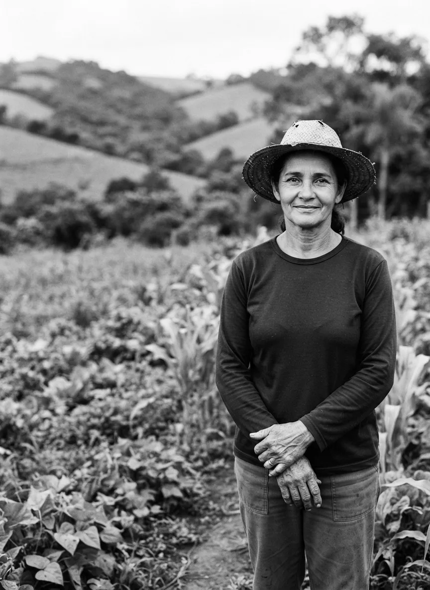 Agricultora de chapéu de palha na lavoura, em retrato preto e branco