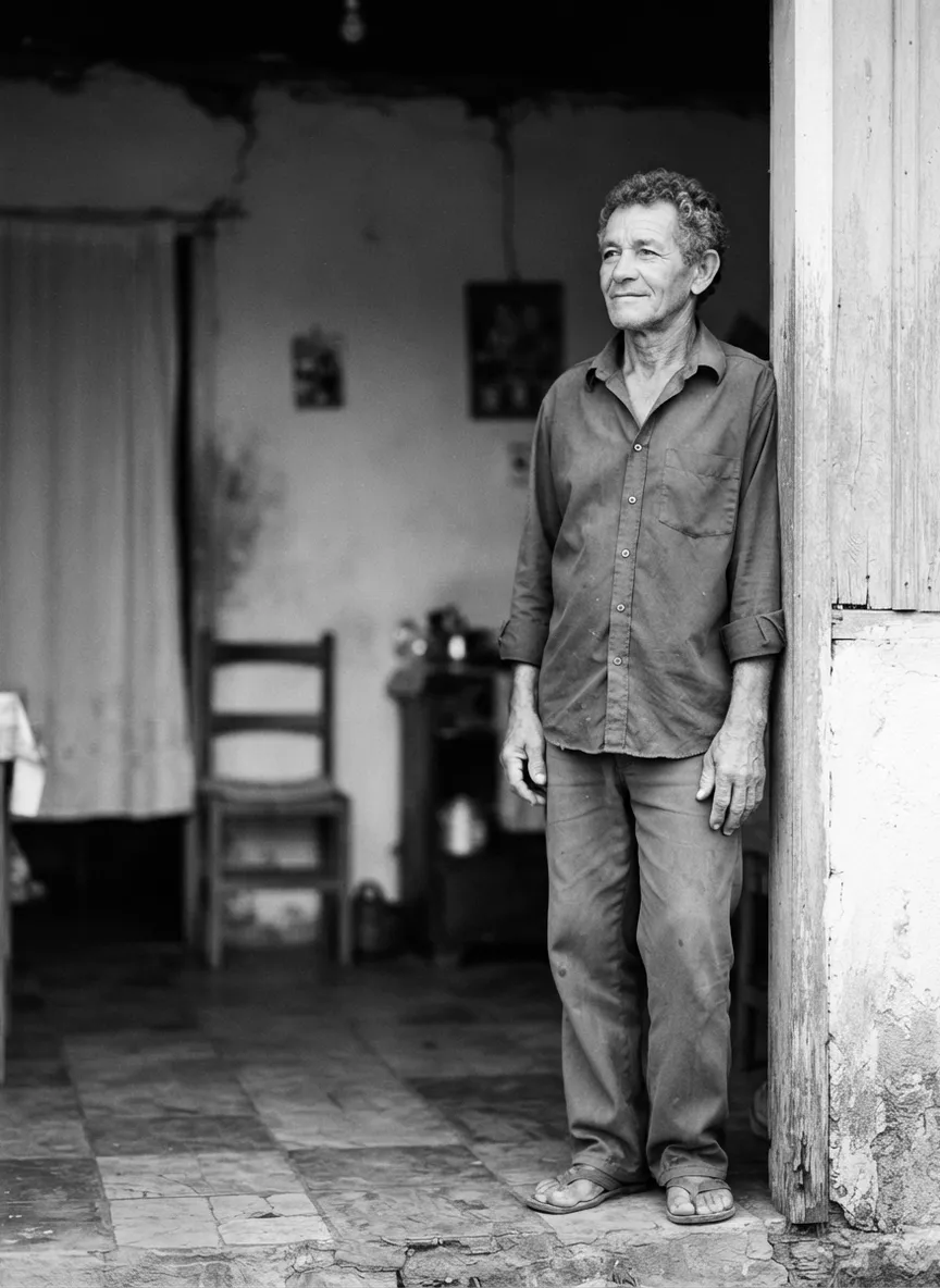 Trabalhador de cerca de 60 anos na porta de casa, em retrato preto e branco