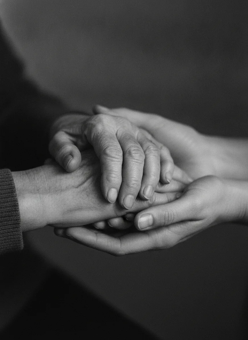 Mãos de uma pessoa idosa amparadas pelas mãos de um familiar
