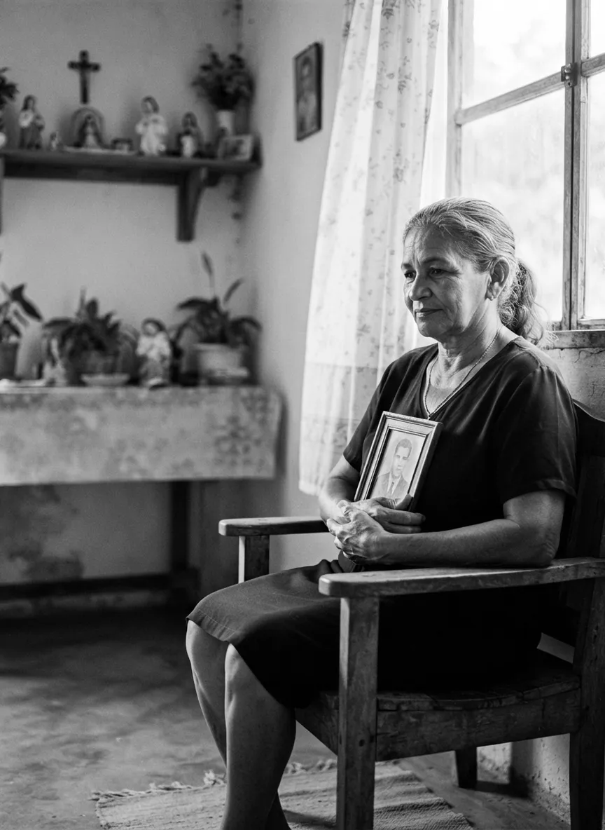 Mulher de cerca de 60 anos segurando um porta-retrato junto à janela, em retrato preto e branco
