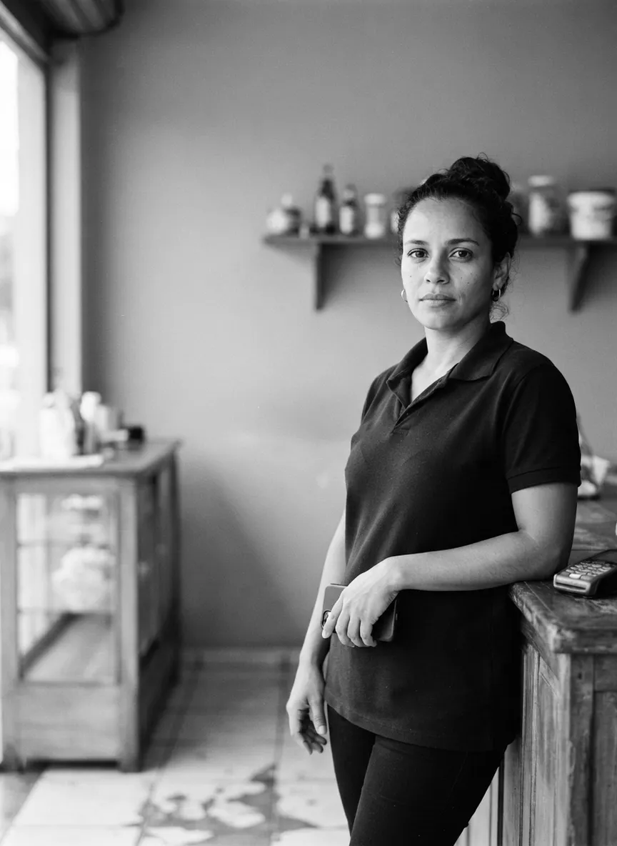 Trabalhadora em retrato preto e branco, encostada no balcão de uma loja