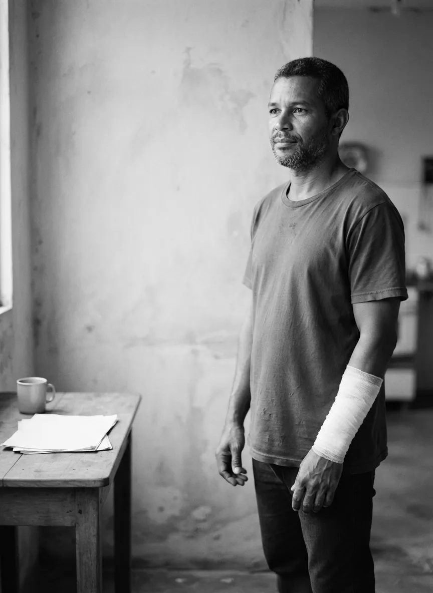 Homem com o antebraço enfaixado em retrato preto e branco, ao lado de uma mesa com papéis