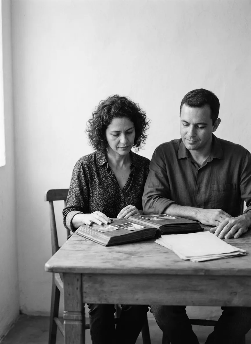 Irmãos adultos à mesa, em retrato preto e branco, olhando documentos e um álbum de família