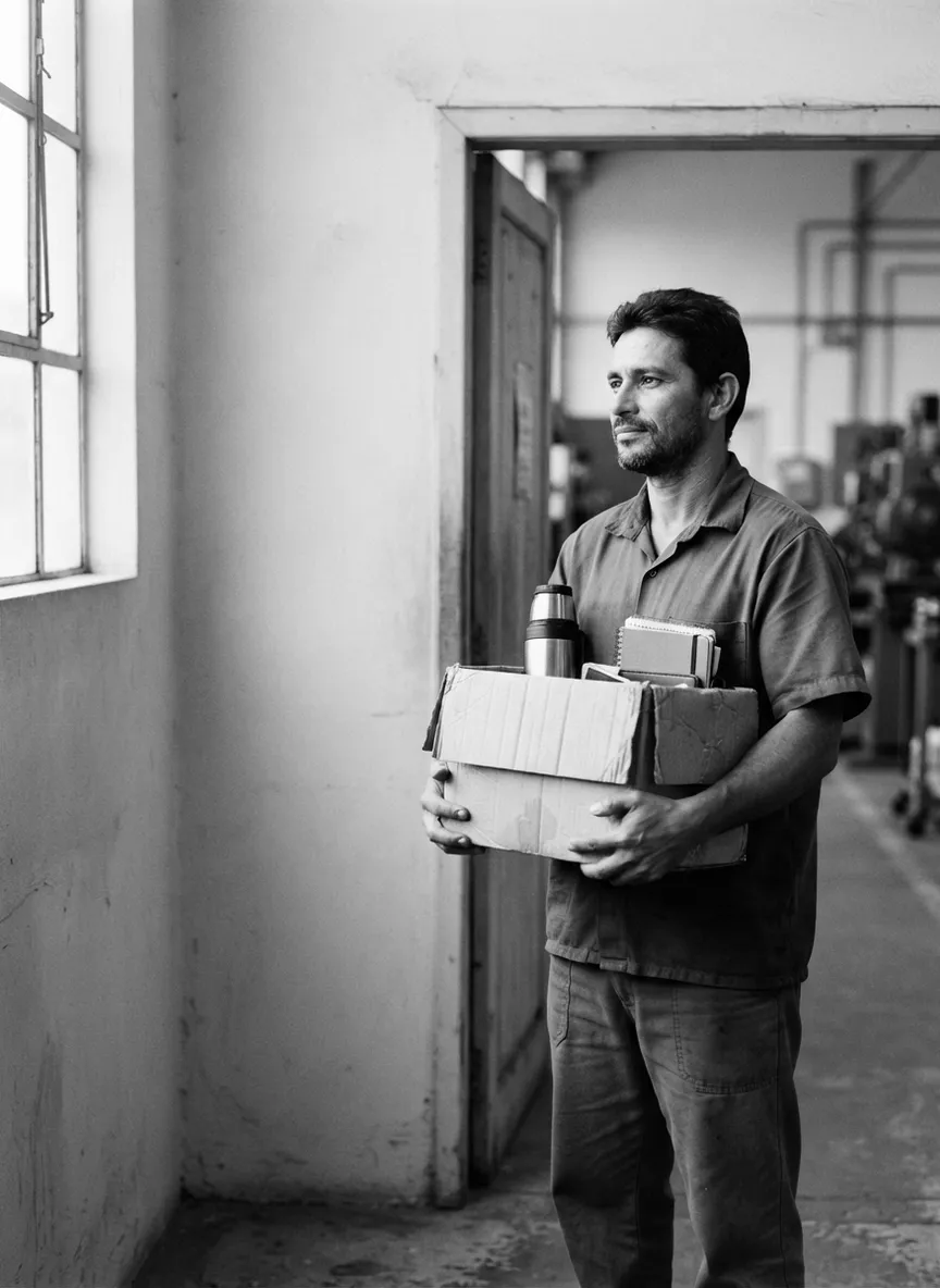 Trabalhador em retrato preto e branco deixando a fábrica com uma caixa de pertences